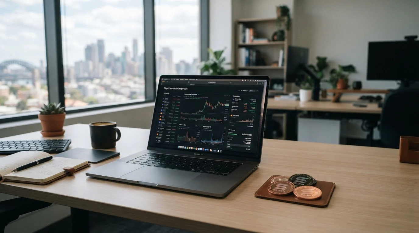 Solana cryptocurrency tokens and laptop showing casino comparison data on a clean desk