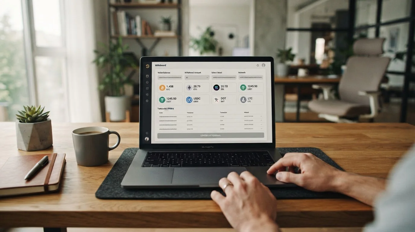 Laptop displaying offshore casino withdrawal dashboard with crypto wallet interface