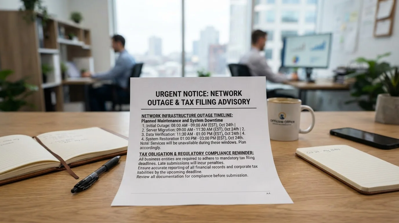 Warning document showing network outage timeline and tax obligation notice