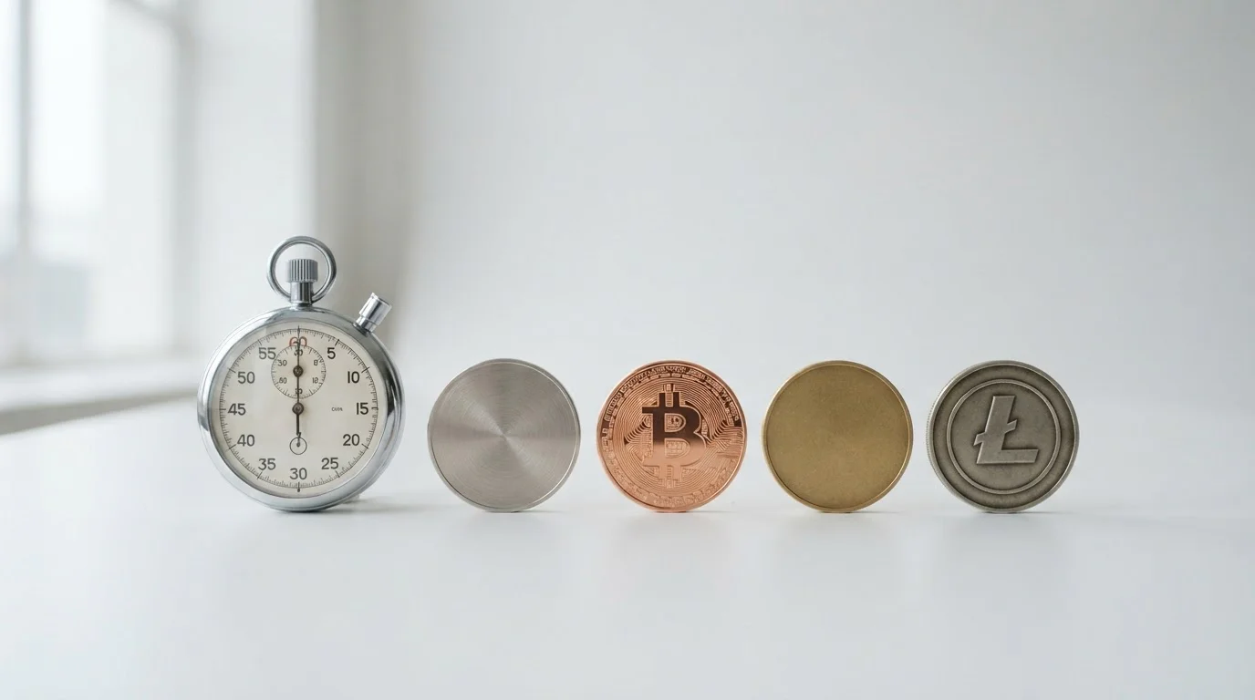 Stopwatch showing transaction time comparison with cryptocurrency symbols for SOL, BTC, ETH, LTC