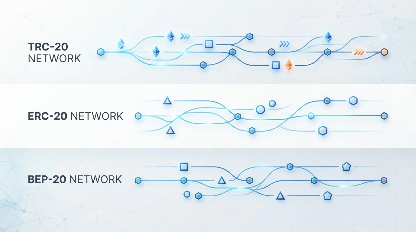 Clean diagram showing three blockchain network pathways with transaction symbols