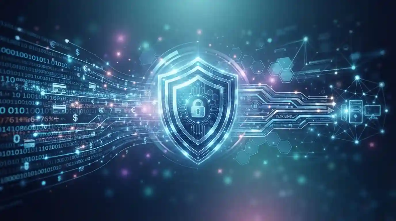 Abstract visualization of secure payment tokenization with digital shield and encrypted data streams