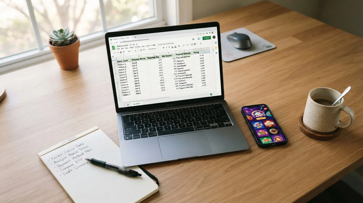Laptop and smartphone showing casino comparison data on desk