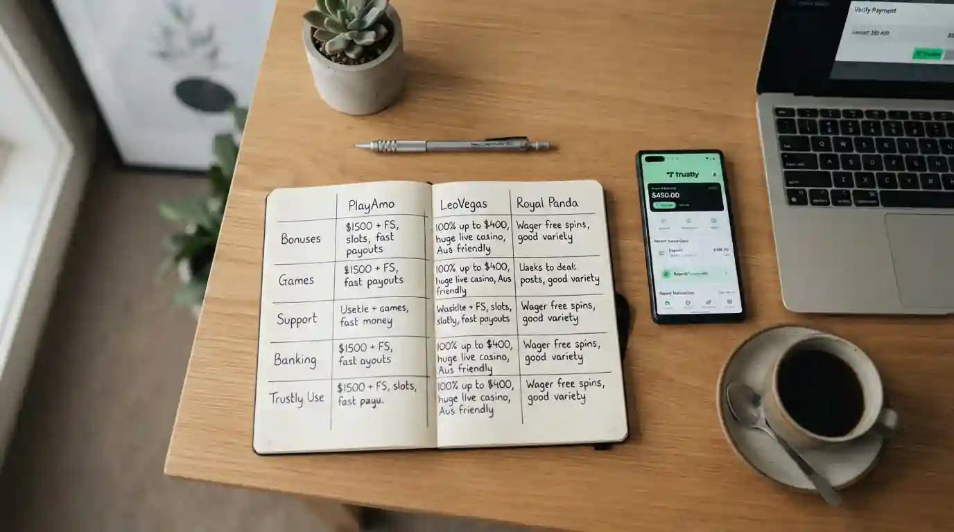 Notepad with casino operator comparison notes and banking app on desk