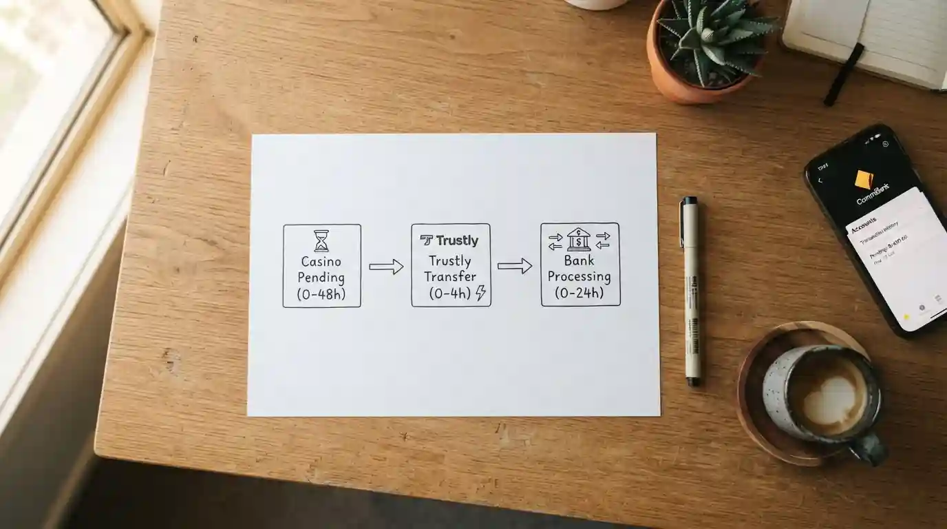 Clean timeline diagram showing three-stage payment flow on paper with coffee cup