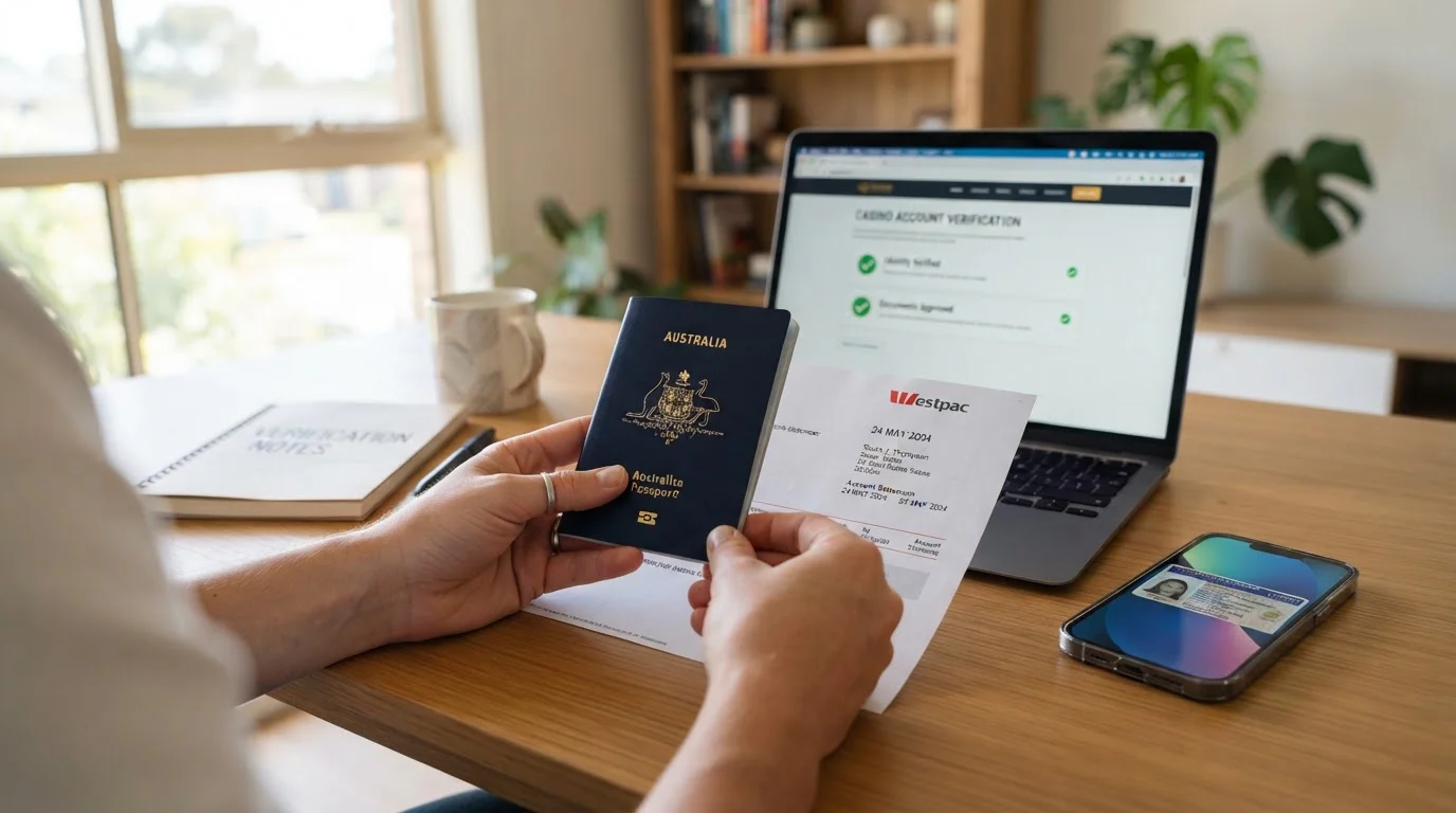 Hands reviewing KYC verification documents on desk with laptop showing account interface