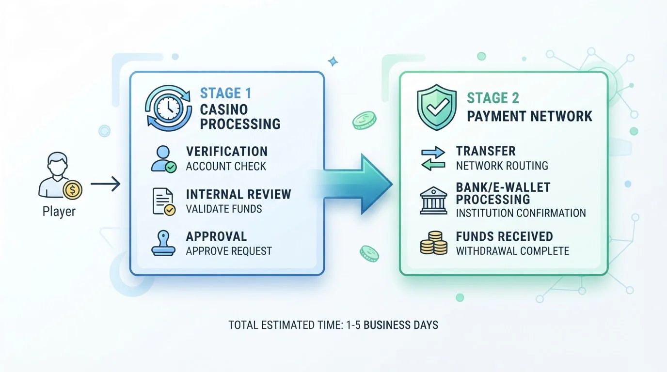 Diagram showing two-stage casino withdrawal process with Stage 1 casino approval and Stage 2 payment network settlement