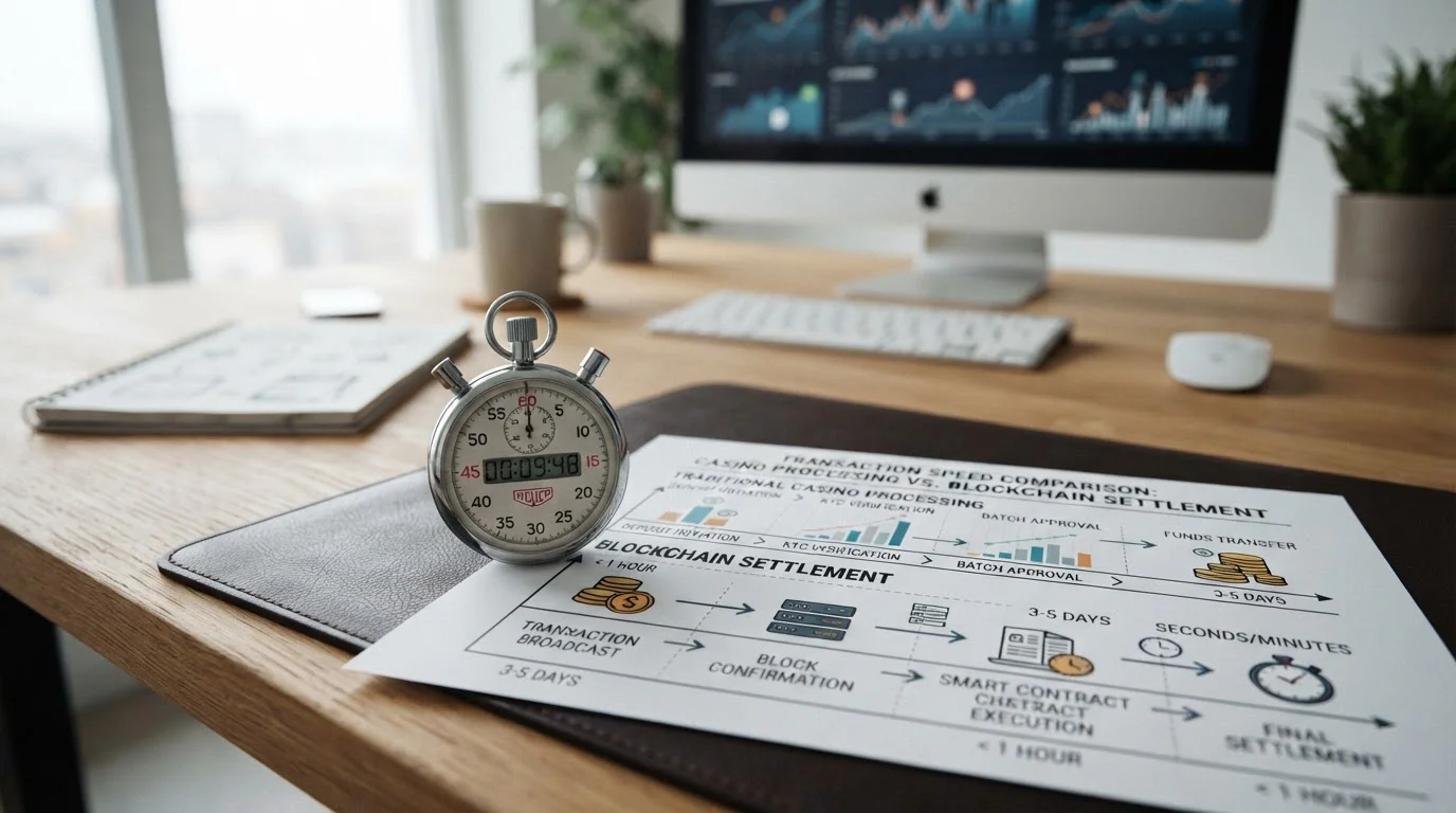 Stopwatch and transaction timeline visualization showing casino processing versus blockchain settlement