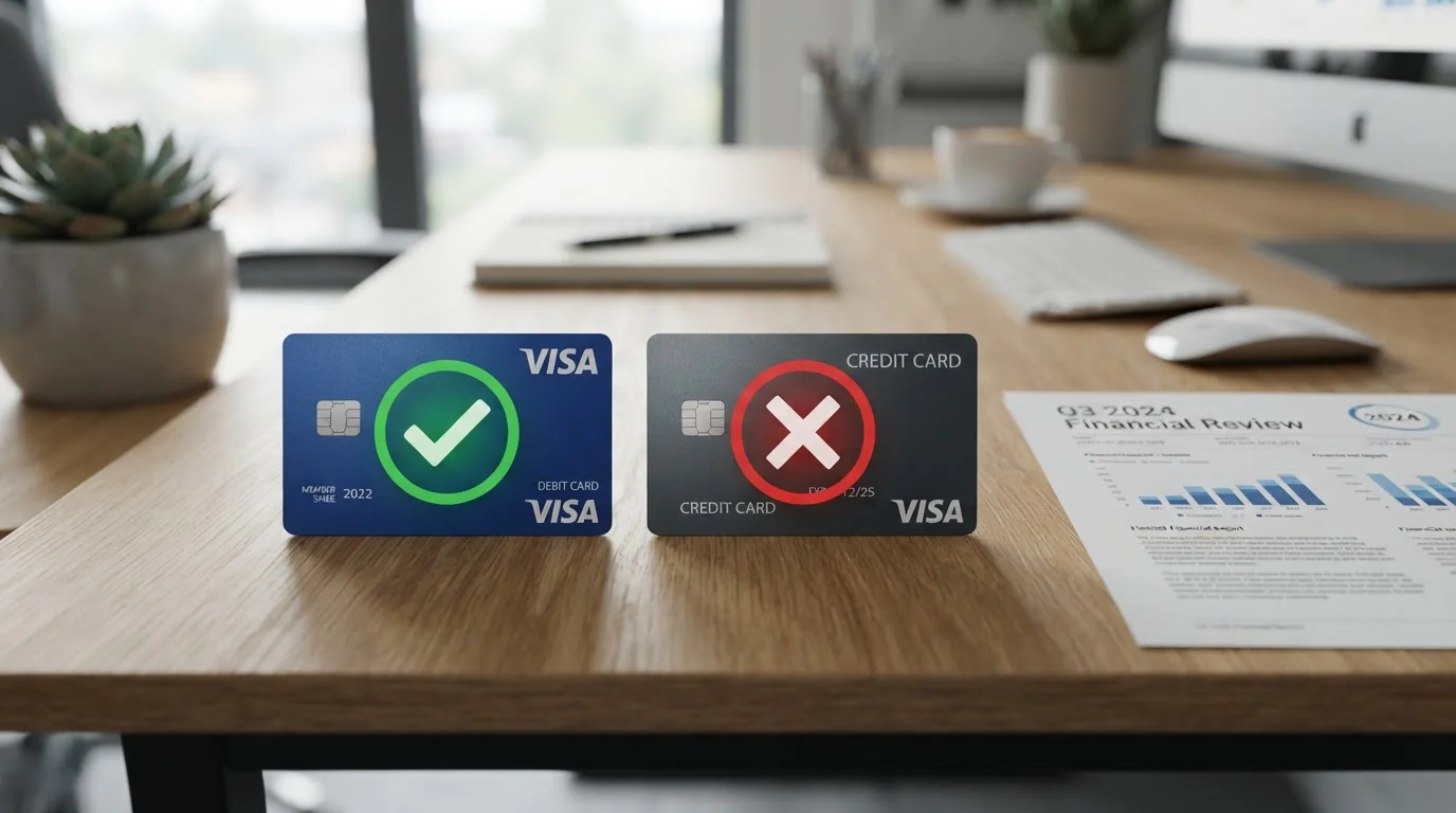Visa debit card next to blocked credit card symbol