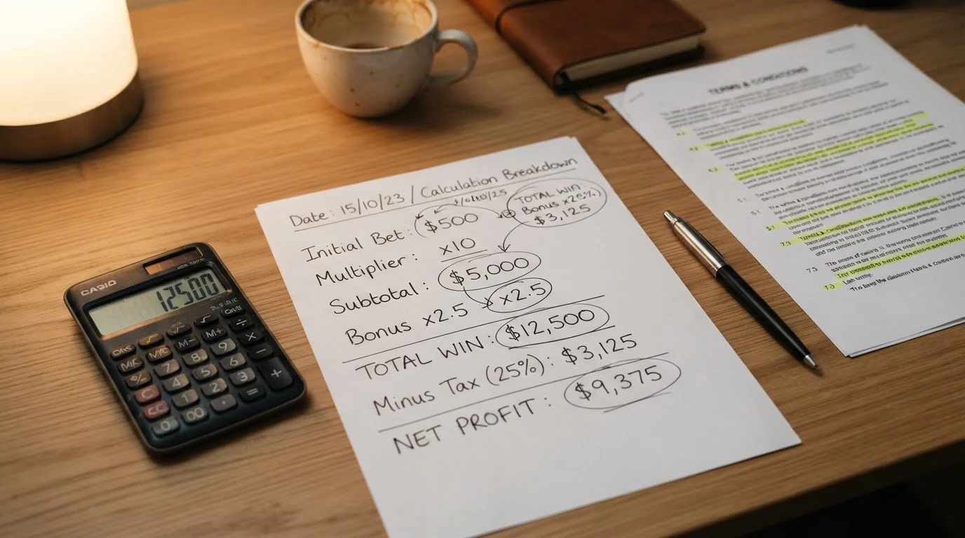 Calculator and casino bonus terms document showing wagering mathematics