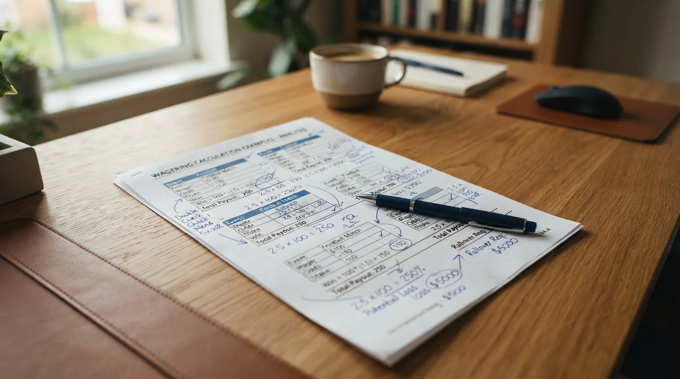 Document showing wagering calculation examples with pen annotations