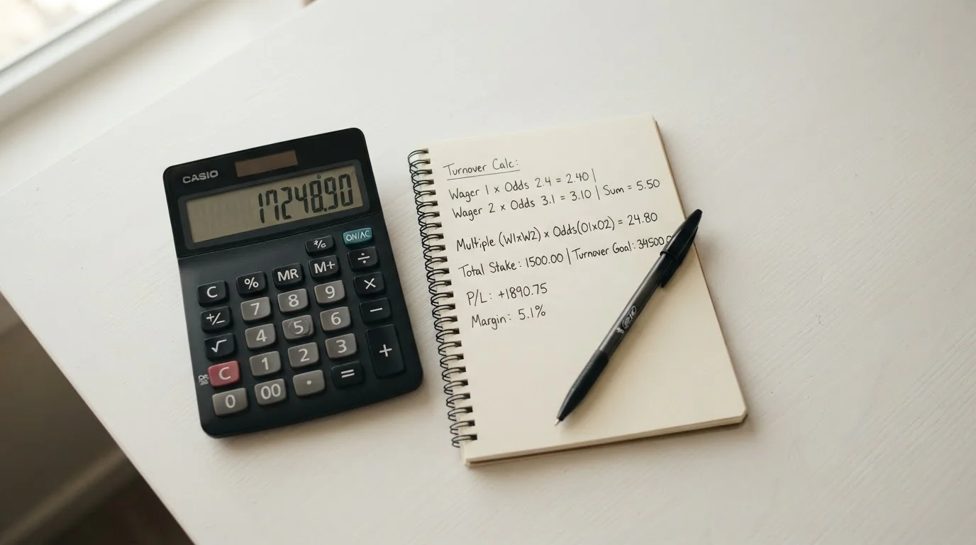 Calculator and notepad showing wagering turnover calculations
