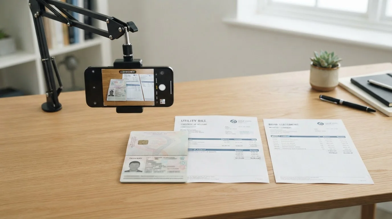 Neat desk showing passport, utility bill, and bank statement arranged for verification photography