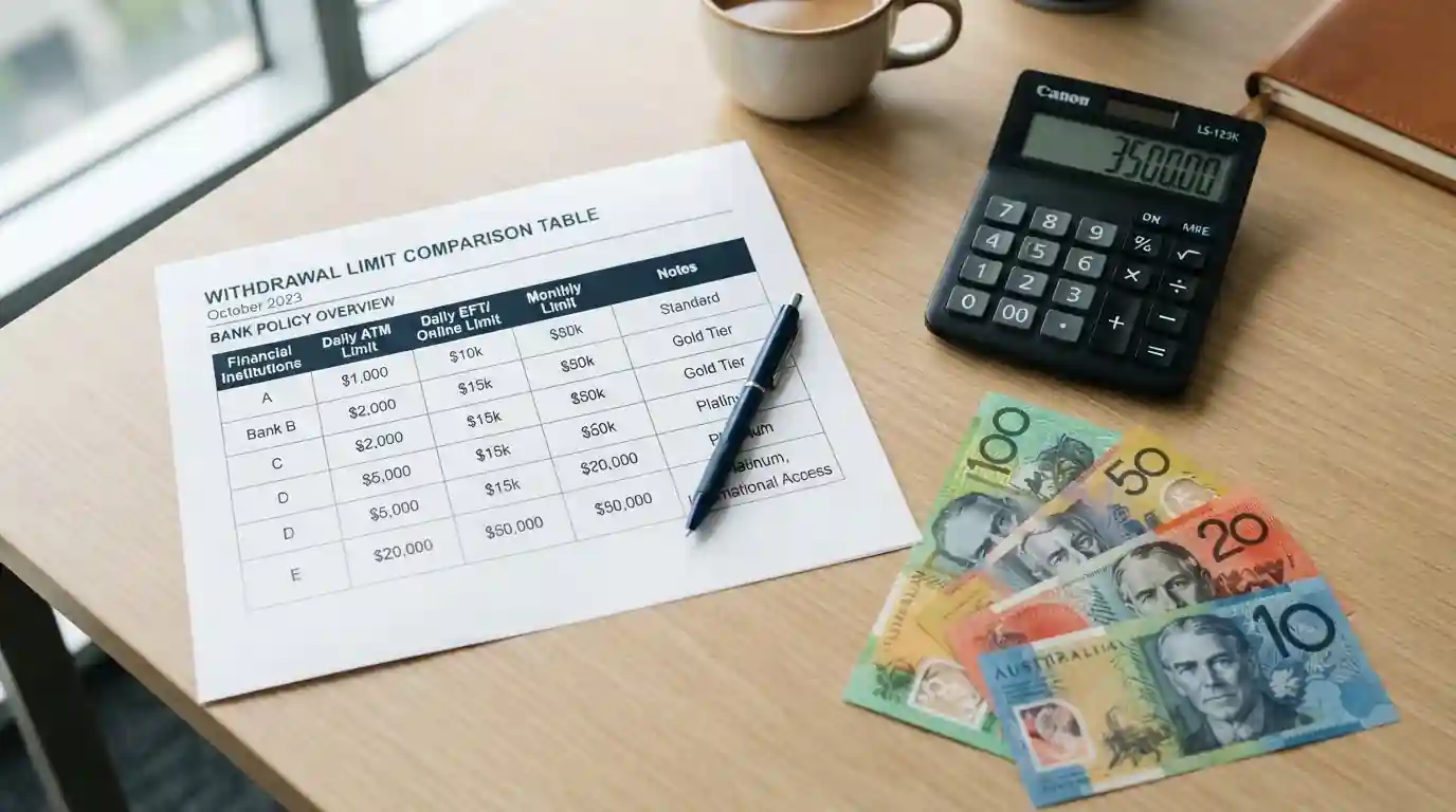 Document showing withdrawal limit table with calculator and Australian dollar notes