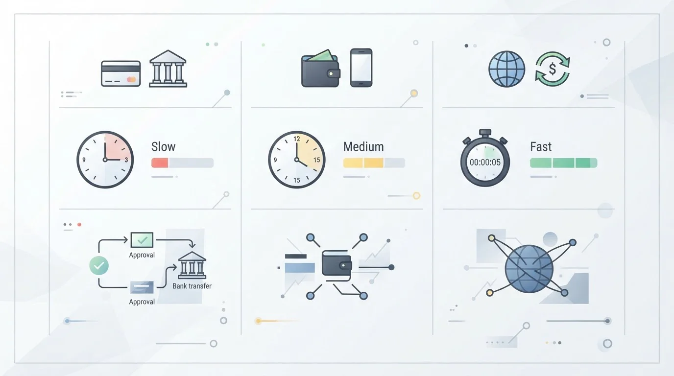 Clean infographic showing withdrawal method comparison with timing and fee indicators