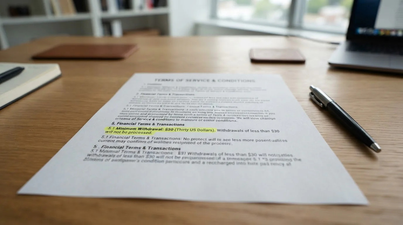Document showing withdrawal policy with thirty dollar minimum highlighted