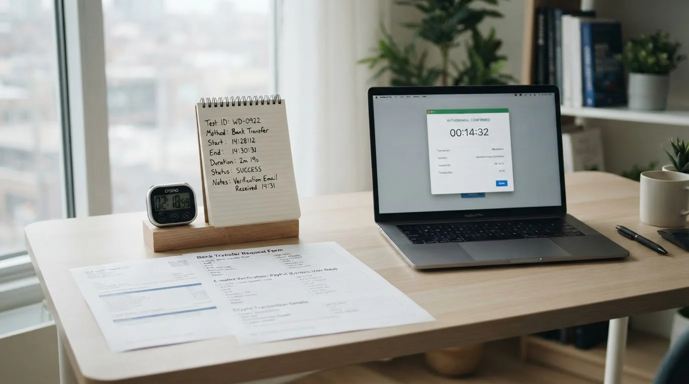 Testing methodology showing withdrawal timing setup with multiple payment methods and verification documents